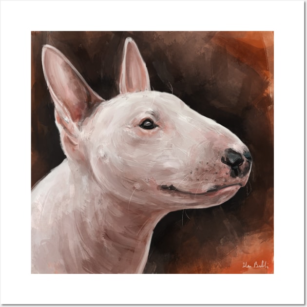 A Painting of a Bull Terrier Smiling on Hot Dark Orange Background Wall Art by ibadishi